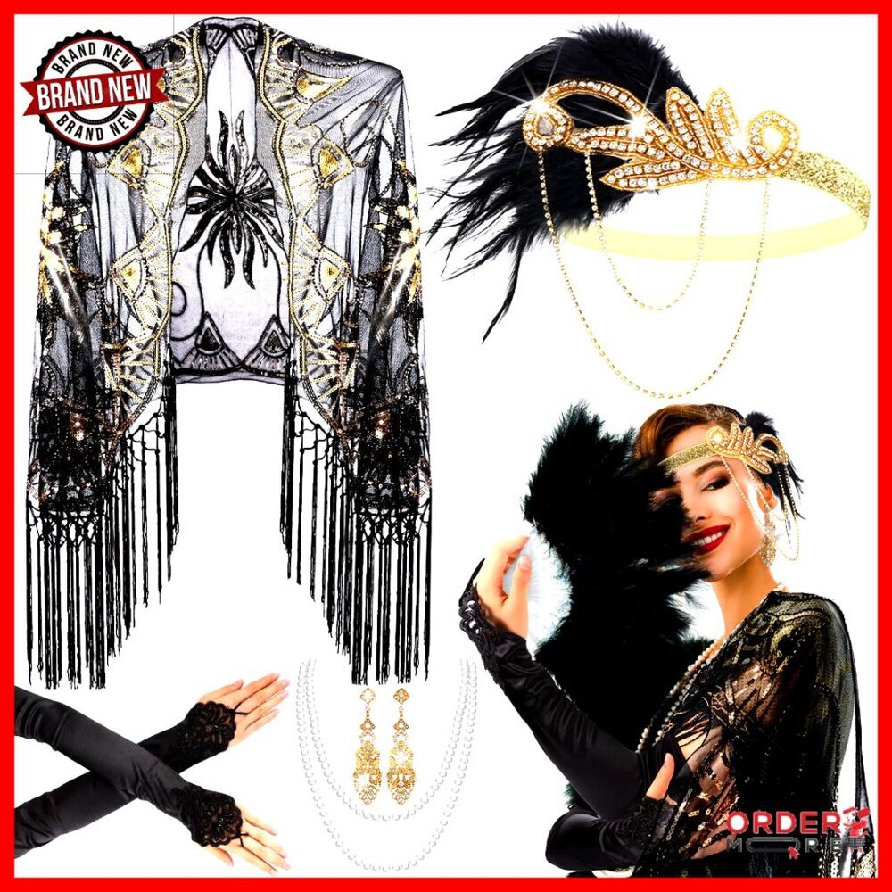 1920s Flapper Accessory Set Feather Headband Pearl Necklace Earrings Gloves Cape